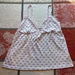 Laura Ashley Pale Pink Navy Bow Print Babydoll Cami Lettuce Trim Coquette Top XL